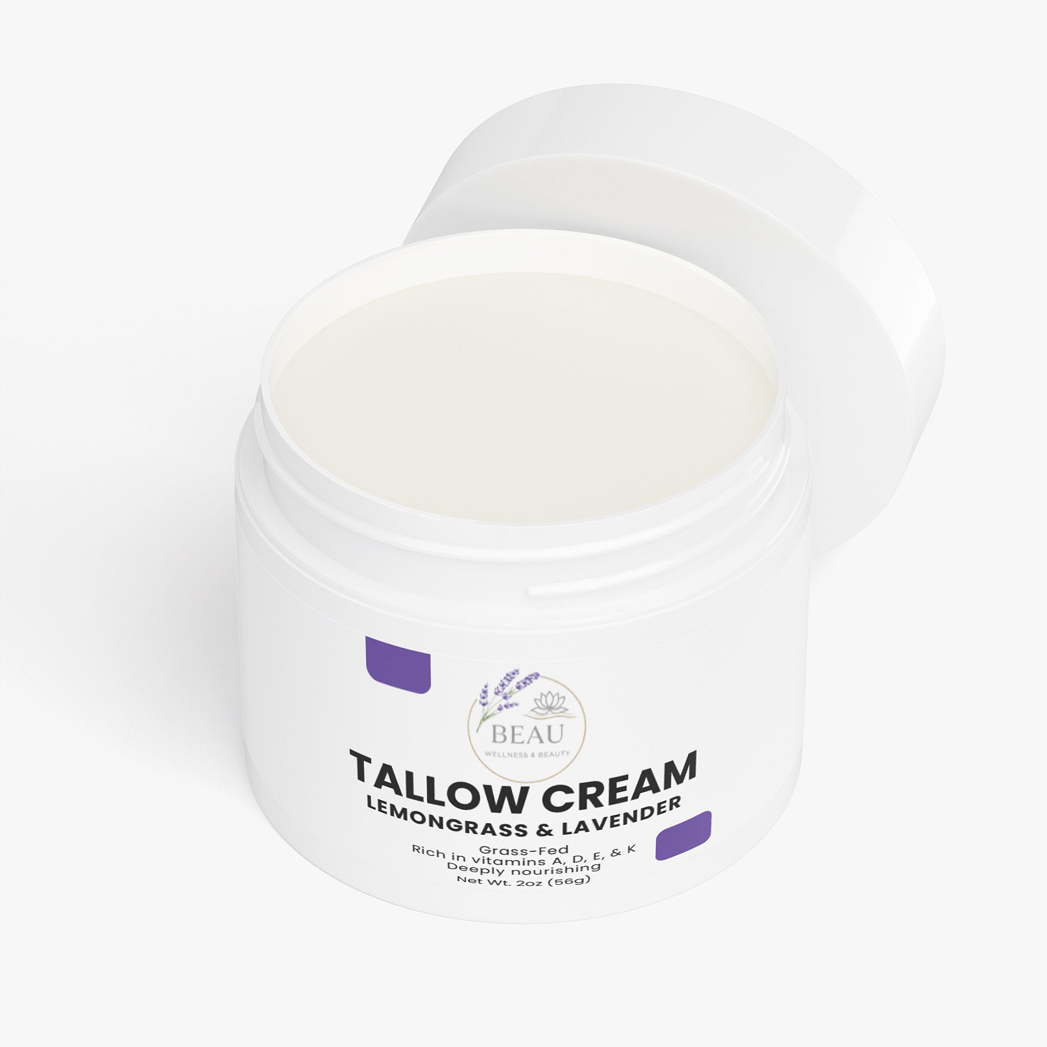 tallow cream 2 oz jar labeled 'BEAU' Wellness & Beauty logo with lemongrass and lavender on a white background