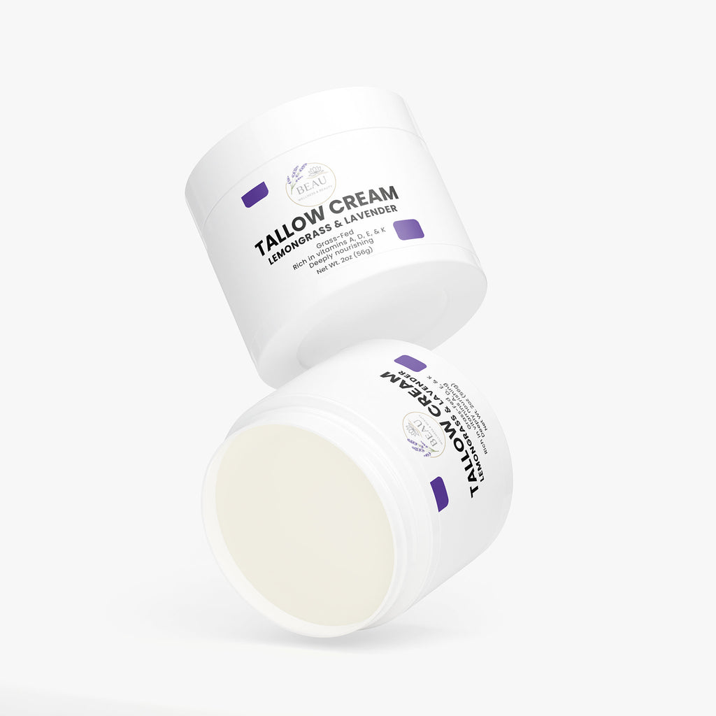 Two containers of Beau tallow cream lemongrass & lavender with visible branding on a white background