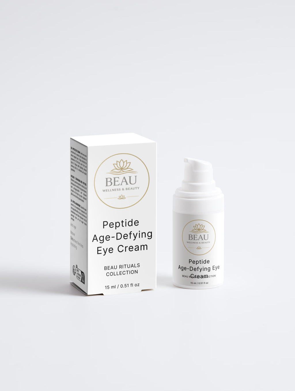 BEAU Wellness & Beauty Peptide Age-Defying Eye Cream shown with its white retail box and matching white pump bottle on a clean light gray background.