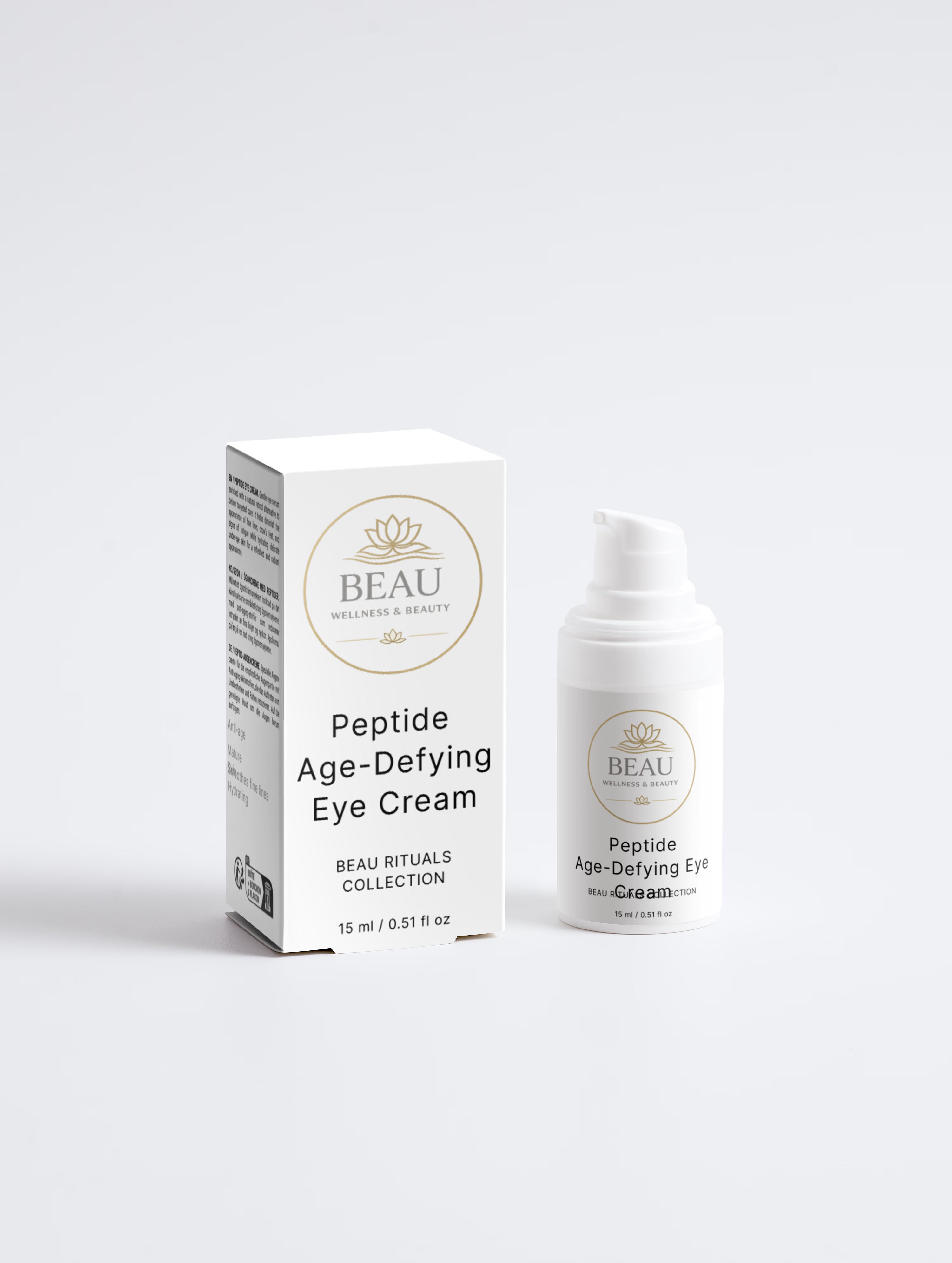 BEAU Wellness & Beauty Peptide Age-Defying Eye Cream shown with its white retail box and matching white pump bottle on a clean light gray background.