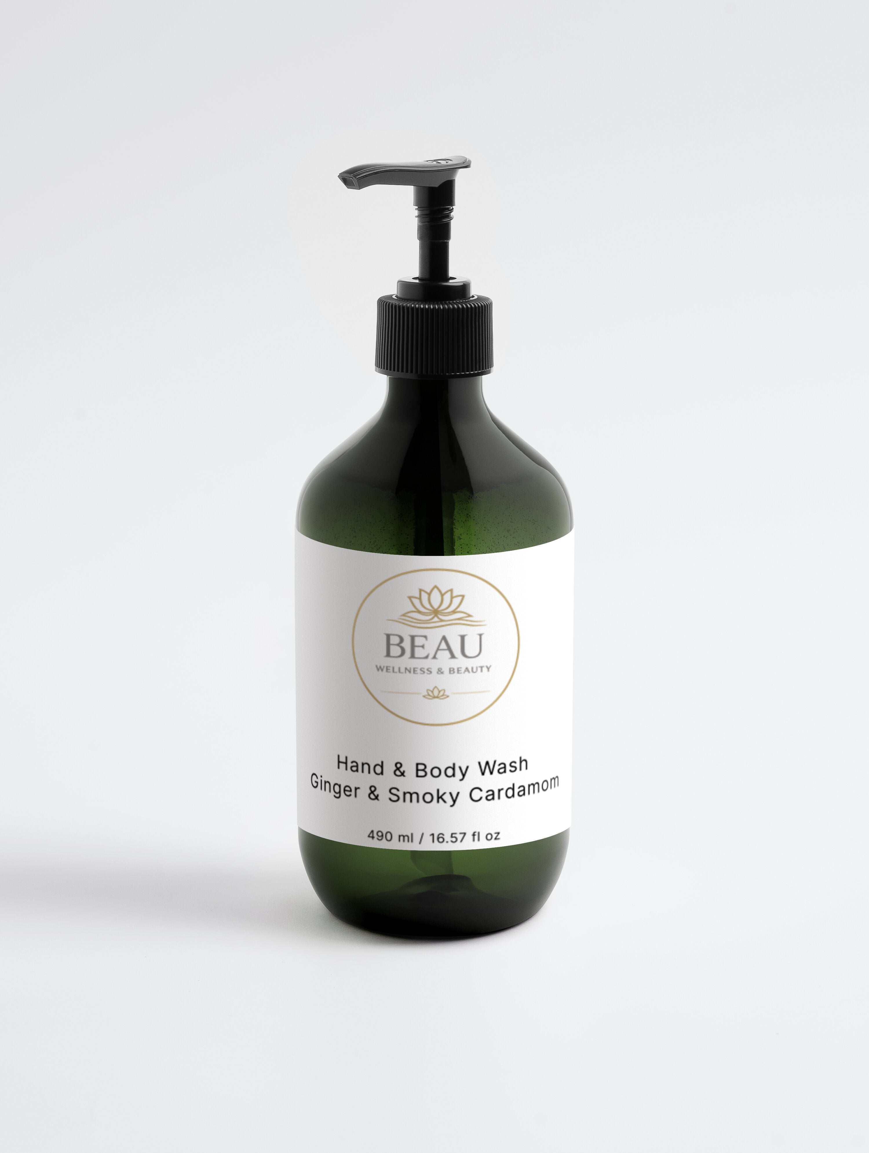 Beau Wellness & Beauty Ginger and Smoky Cardamom Hand and Body Wash pump bottle on a clean white background.⁠