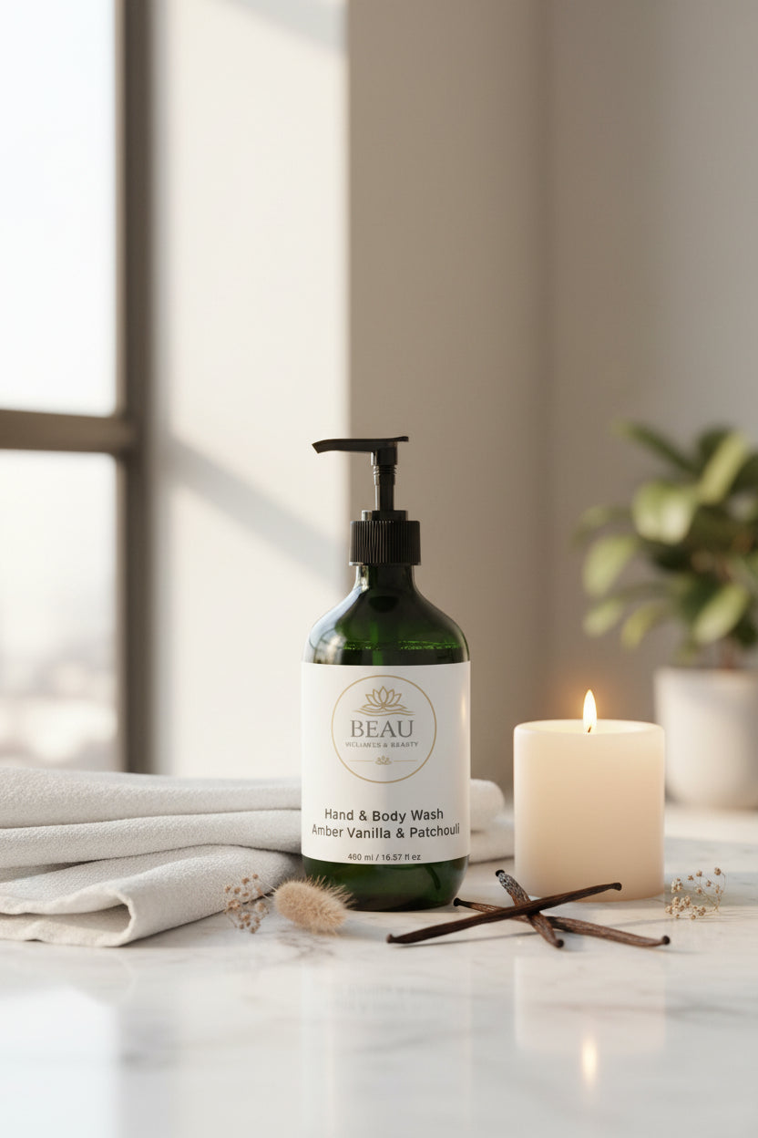 Beau Wellness & Beauty Hand and Body Wash in Patchouli and Amber Vanilla with hydrating Betaine and organic Quince Extract – vegan, gluten free, Ecocert COSMOS Natural certified