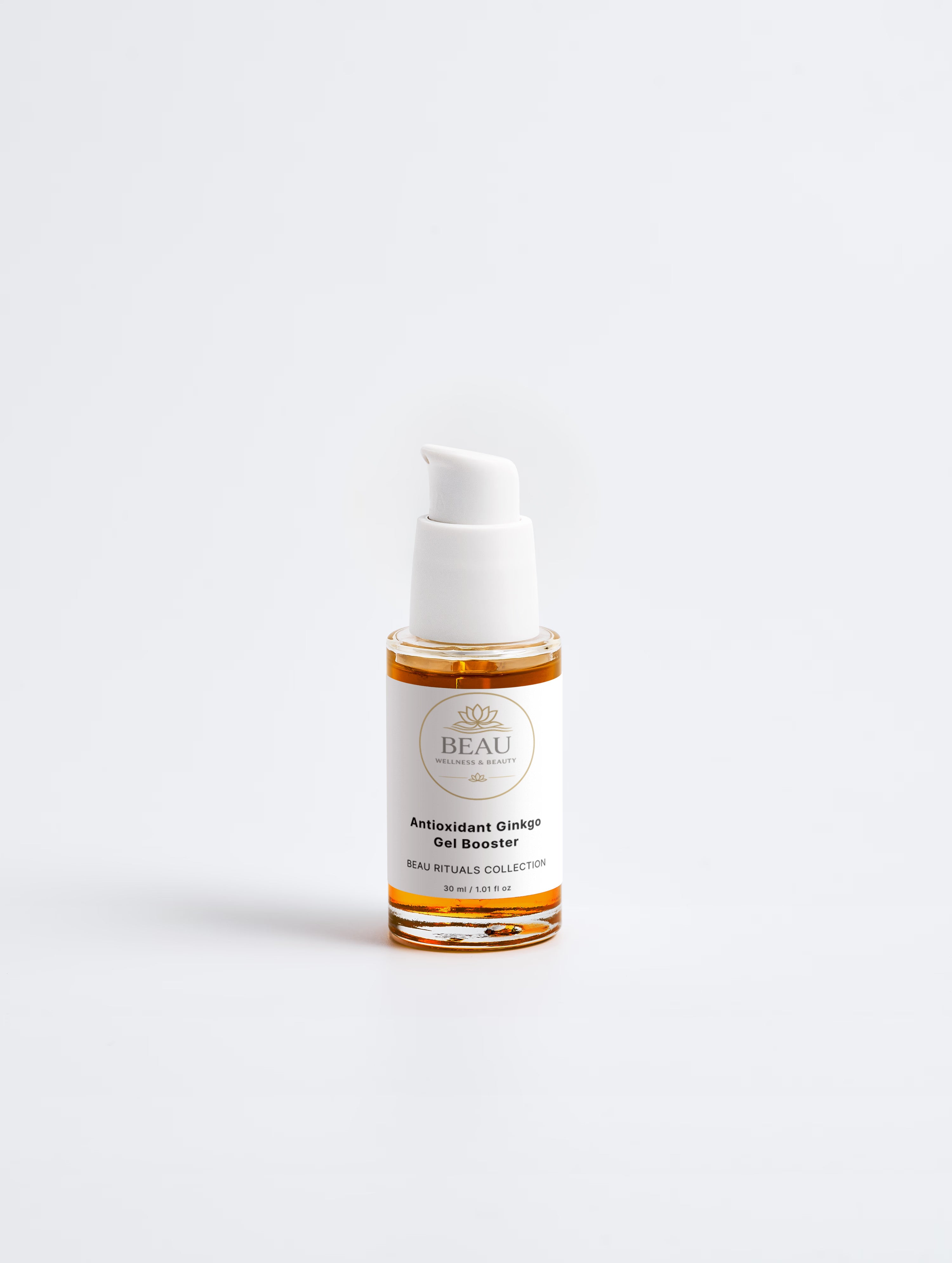 Beau Wellness & Beauty Antioxidant Ginkgo Gel Booster face serum on white background.