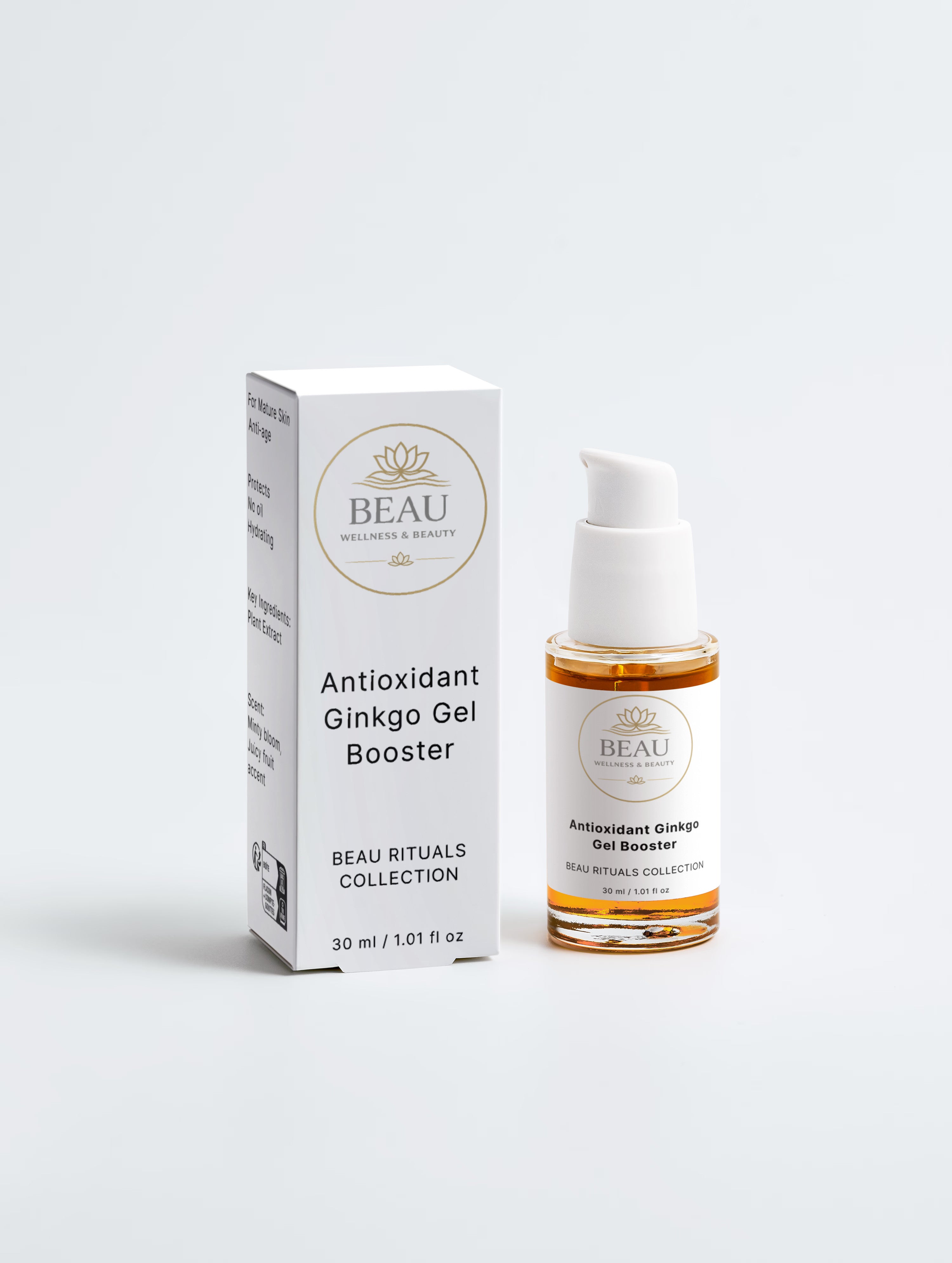 Antioxidant Ginkgo Gel Booster packaging and bottle on a white background