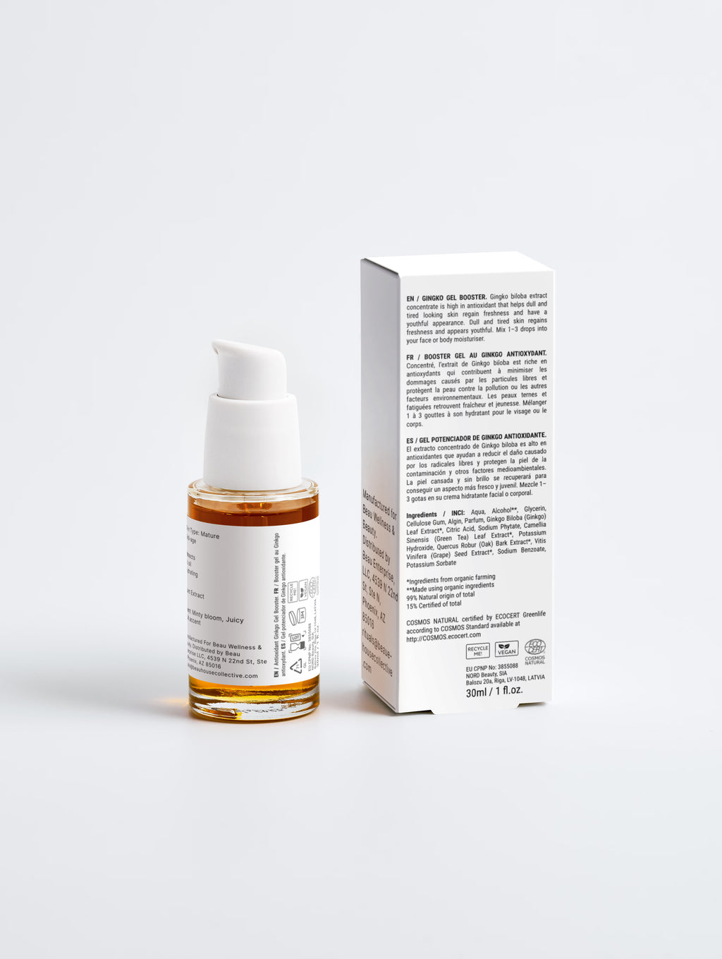 Beau Wellness & Beauty Antioxidant Ginkgo Gel Booster Skincare serum bottle with its packaging on a light gray background