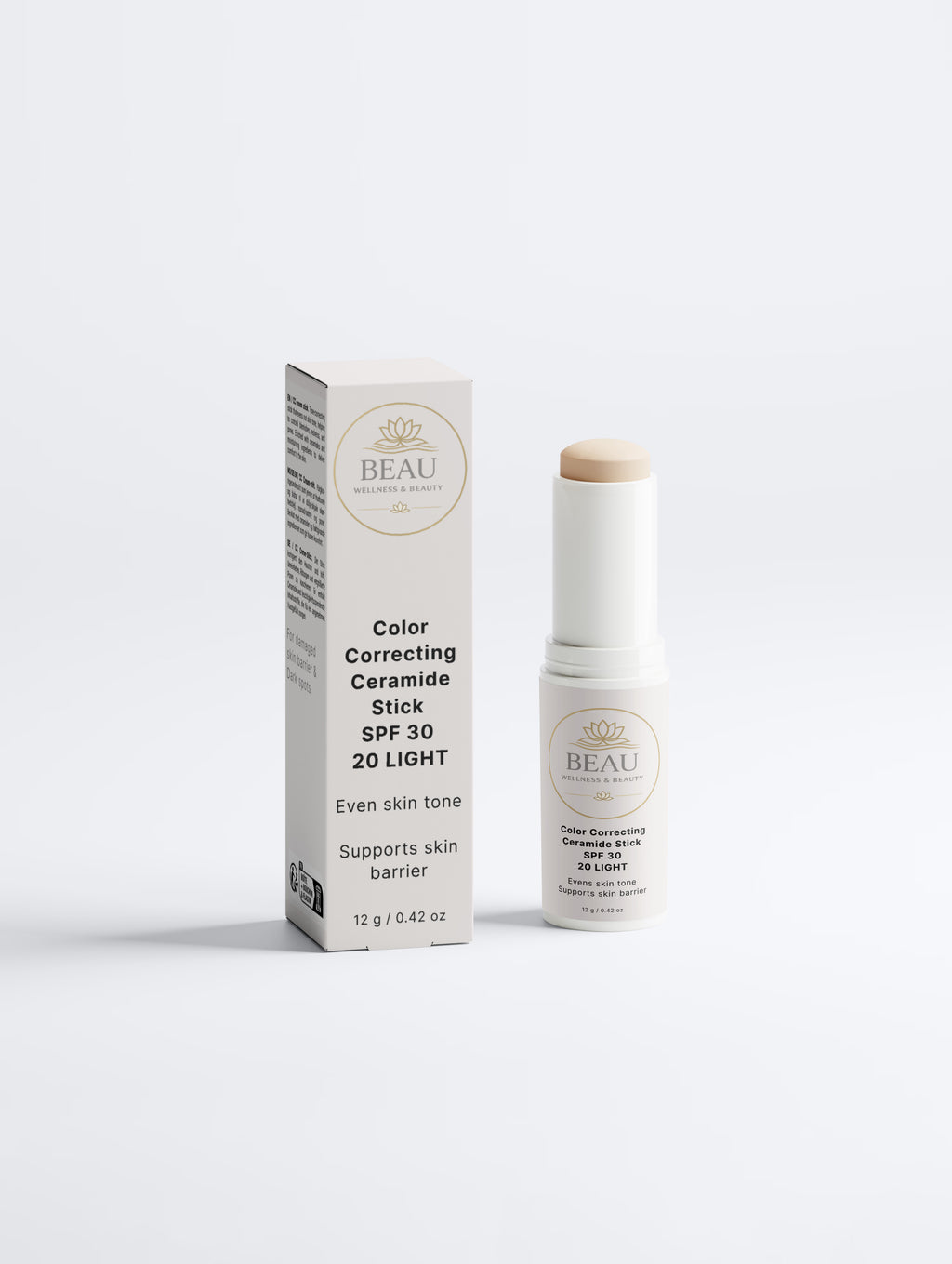 Beau Wellness & beauty CC Ceramide Stick with SPF 30 , shade light 20  with bod on white background.