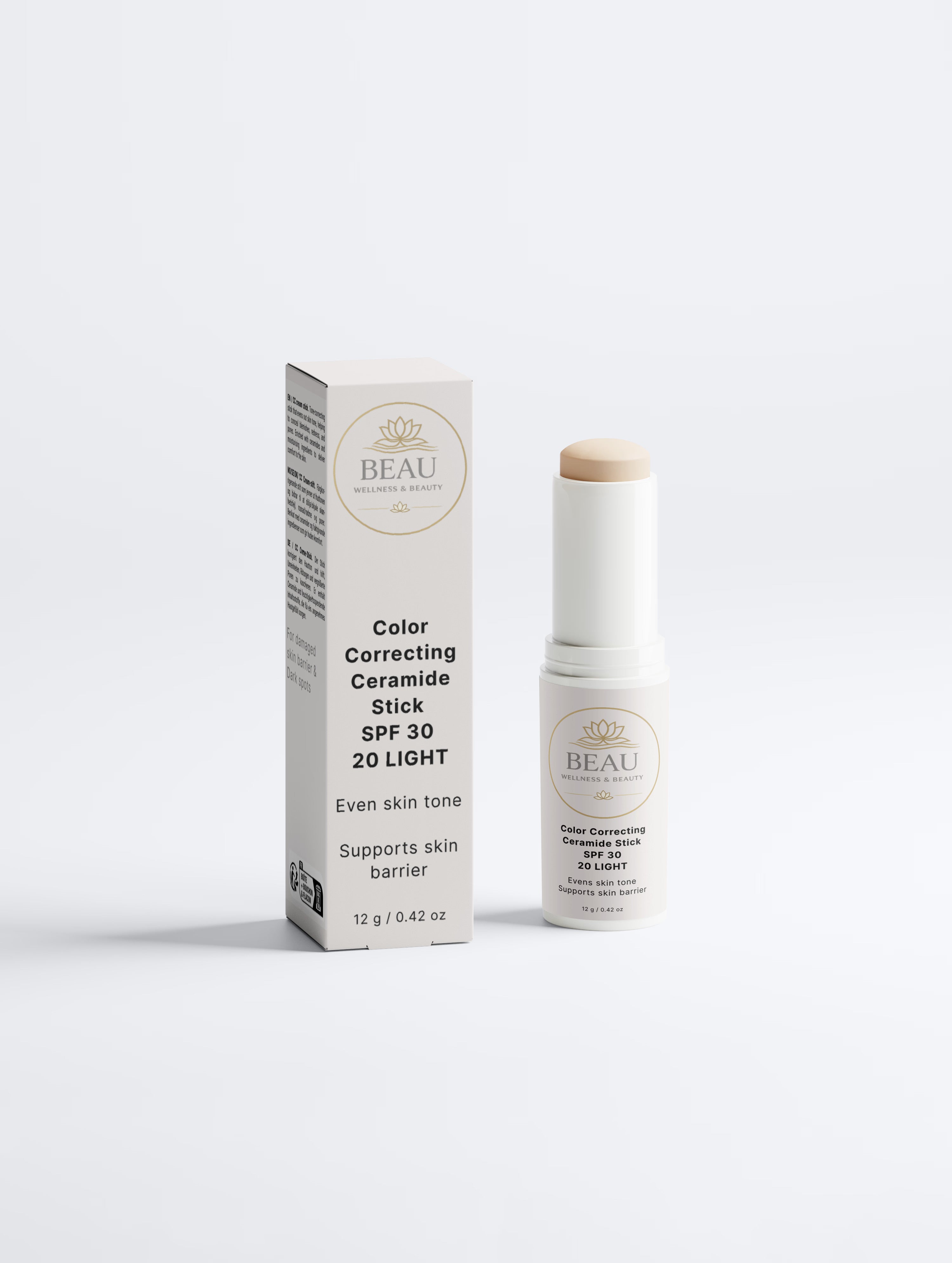 Beau Wellness & beauty CC Ceramide Stick with SPF 30 , shade light 20  with bod on white background.
