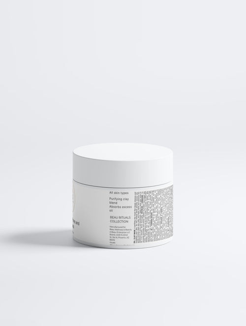 Beau Wellness & Beauty Biomineral Clay Mask infused with Aquatic Algae to clear environmental buildup & refine pores on a white background.