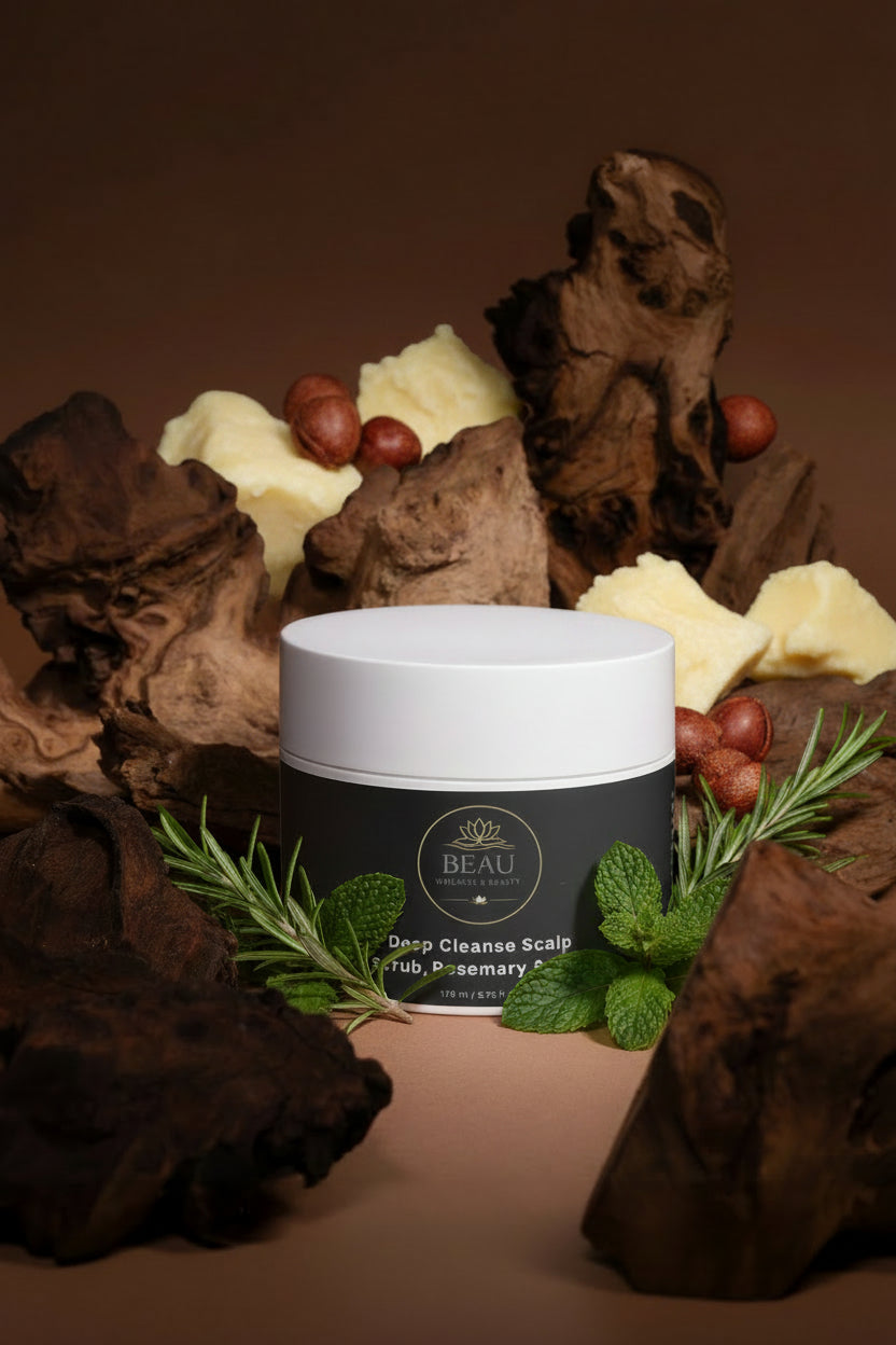 Jar of Beau Wellness & Beauty Deep Cleanse Scalp Scrub with Rosemary & Mint with a black label with a white top on a wooded background with rosemary and mint leaves and shea butter and cherry shells.
