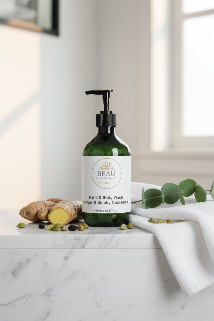Beau Wellness & Beauty Ginger and Smoky Cardamom Hand and Body Wash pump bottle on a clean white background.⁠