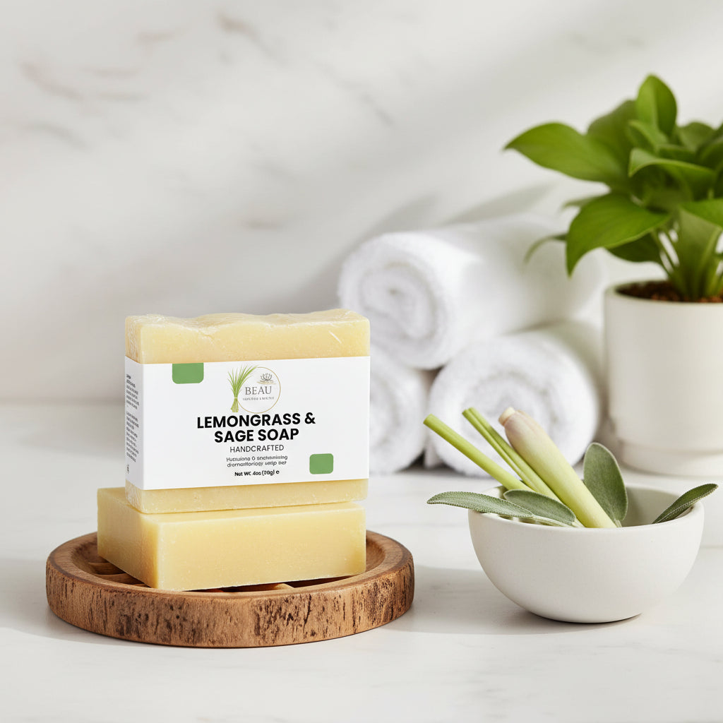 Two handcrafted bars of lemongrass and sage soap with a Beau Wellness & Beauty label on a light gray background