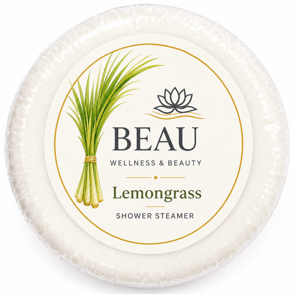 Lemongrass shower steamer with 'BEAU Wellness & Beauty' branding on a white background