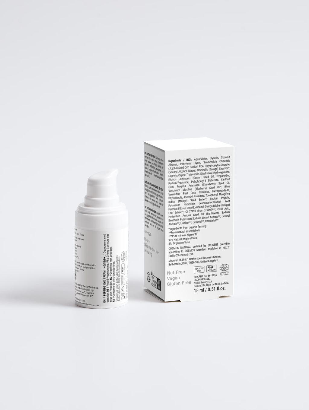 A white pump bottle of Beau Wellness & Beauty Peptide Age-Defying Eye Cream and its matching white product box, both printed with black text, photographed on a clean light gray studio background.