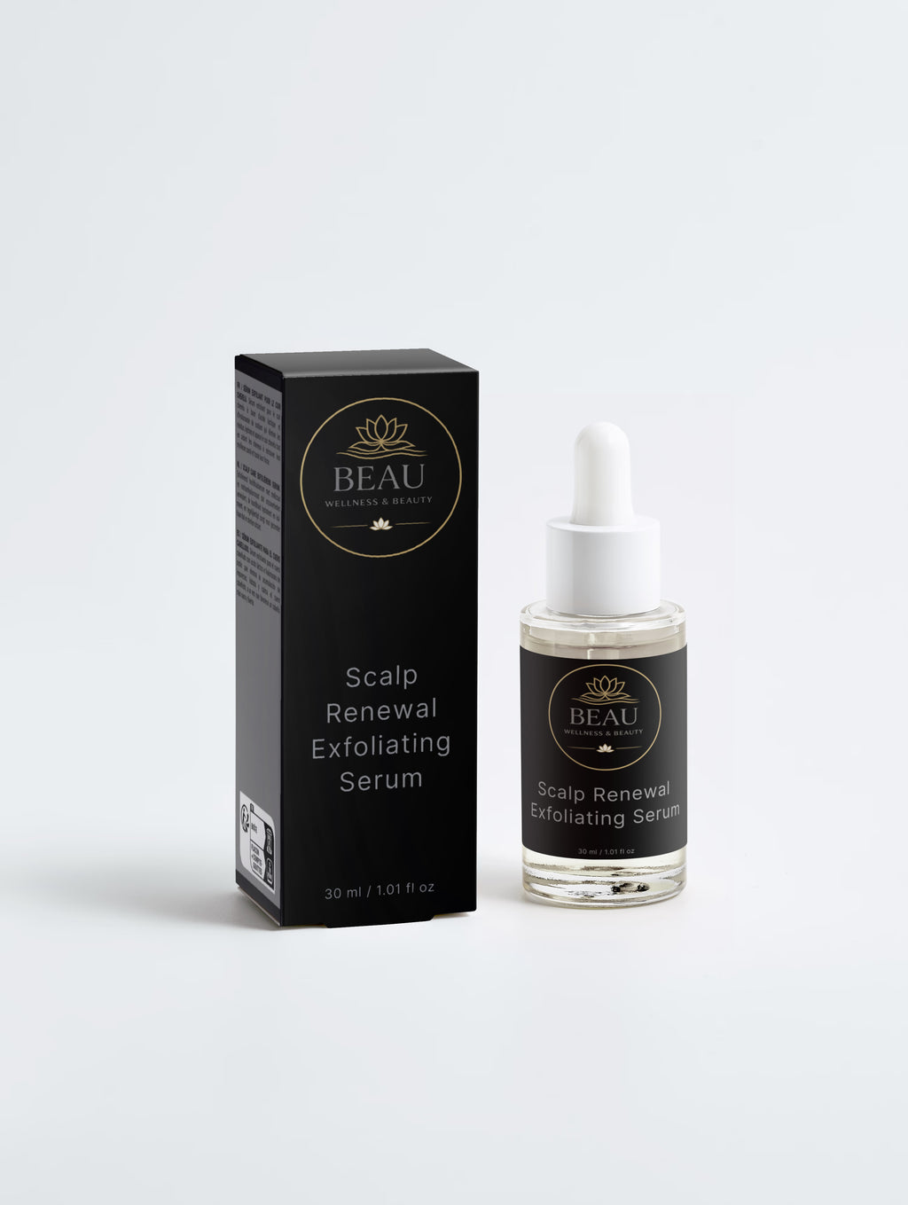 Beau Skincare Scalp Renewal Exfoliating Serum shown with its black retail box and clear dropper bottle on a light gray studio background.