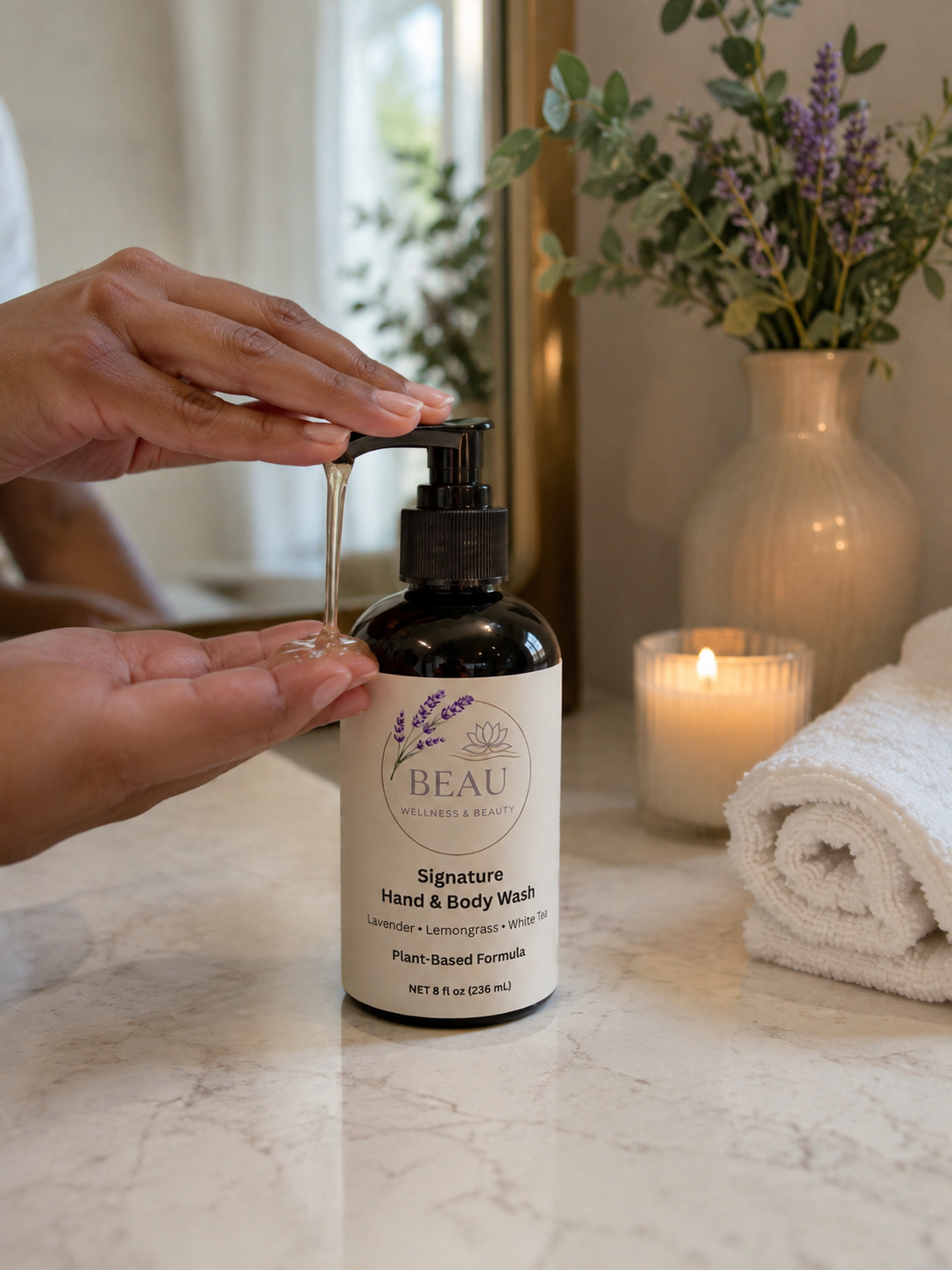A person's hands are shown dispensing a clear gel-like hand and body wash from a black bottle labeled 'BEAU Wellness & Beauty Signature Hand & Body Wash' on a marble countertop, with a lit candle, folded towel, and vase of lavender in the background.