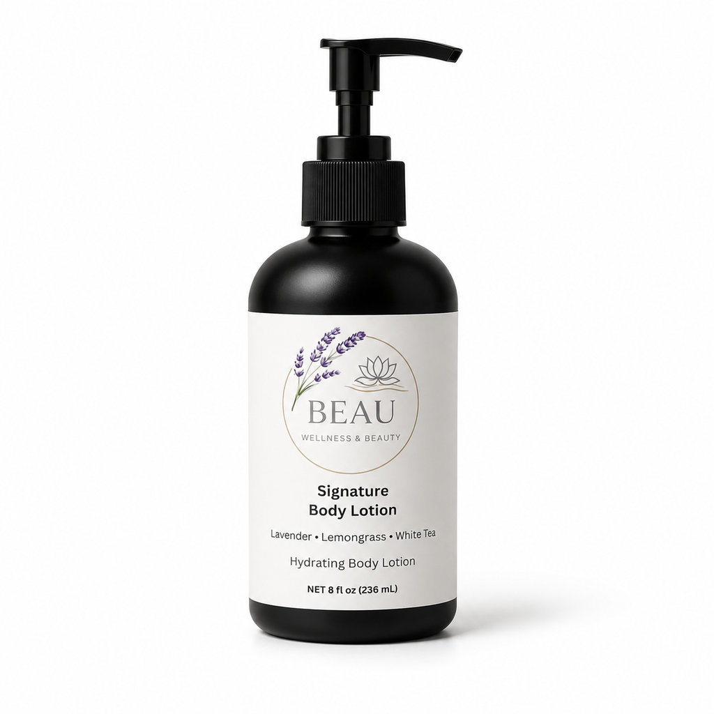 BEAU Wellness & Beauty Signature Hydrating Body Lotion , plant -based moisturizing lotion with lemongrass and lavender, on a white background.