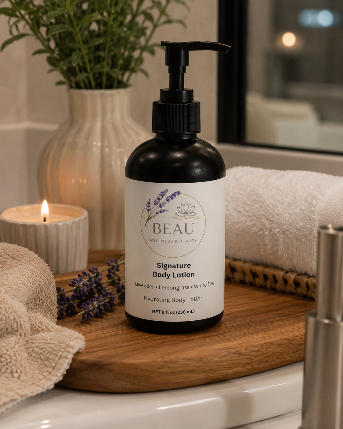 BEAU Wellness & Beauty Signature Body Lotion on a wooden tray next to a burning candle for a relaxing self-care ritual.⁠