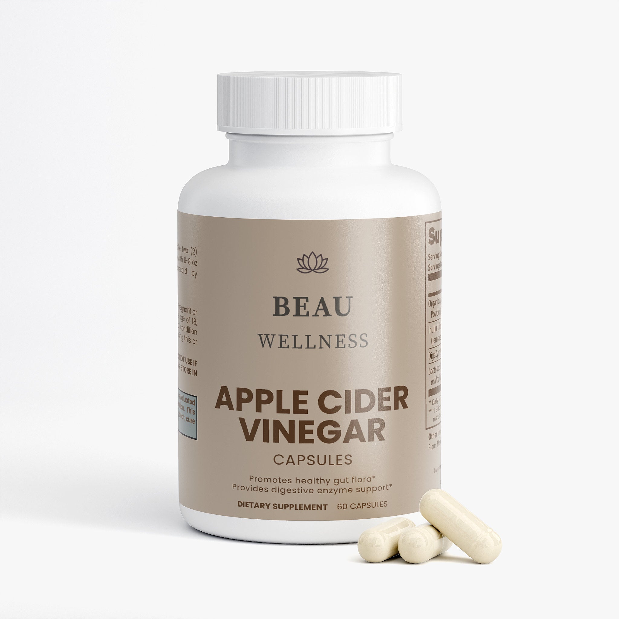 Bottle of Beau Wellness Apple Cider Vinegar capsules on a white background