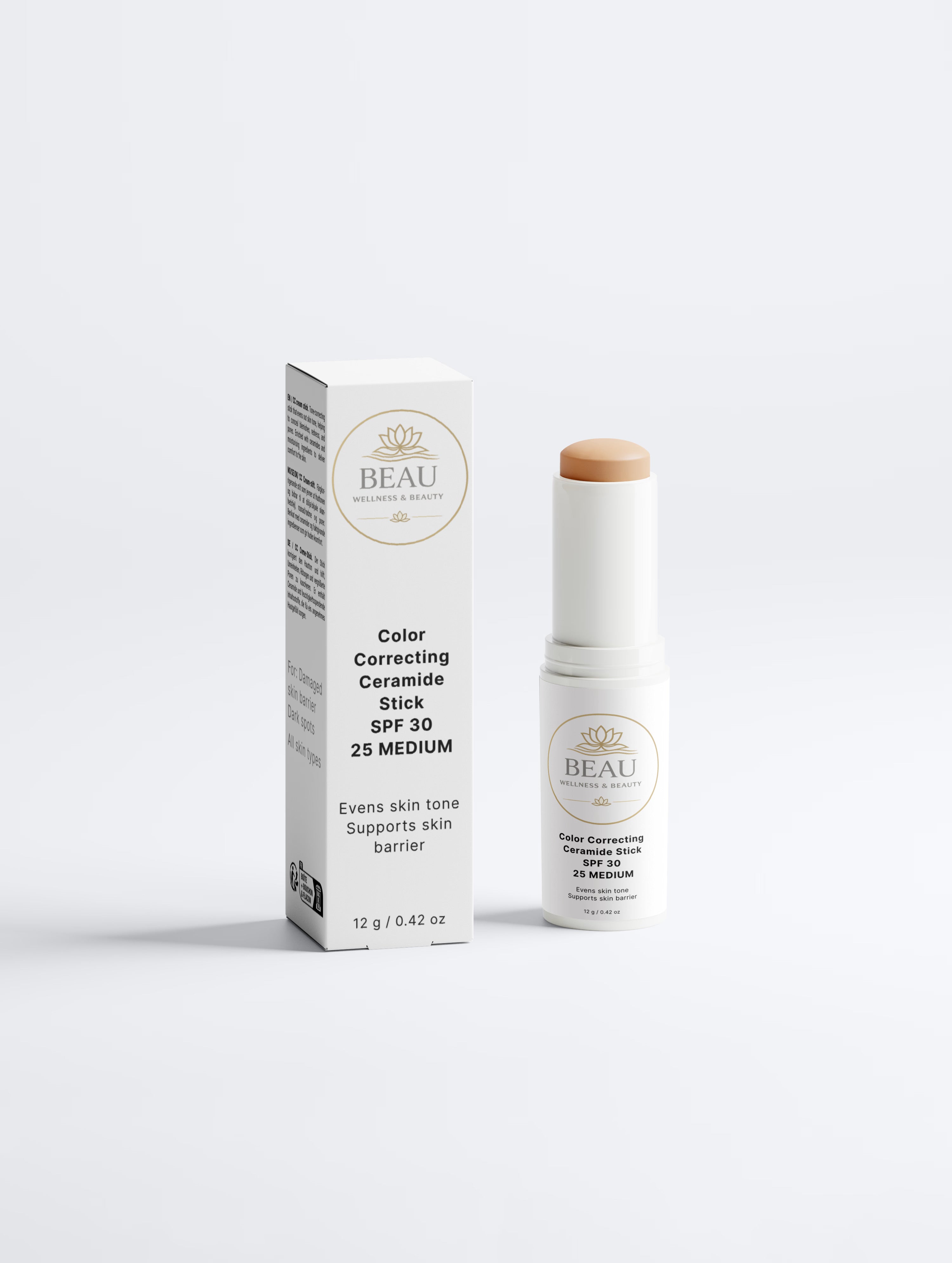 Beau Wellness & Beauty Color Correcting Ceramide Stick spf 30, medium 25  with box on white background

