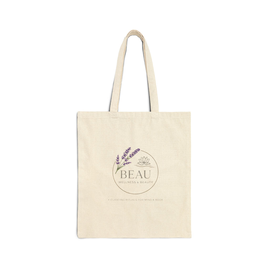 Beige Natural Canvas tote bag with 'BEAU' logo featuring a lavender flower on a white background