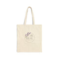 Beige Natural Canvas tote bag with 'BEAU' logo featuring a lavender flower on a white background