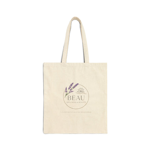 Beige Natural Canvas tote bag with 'BEAU' logo featuring a lavender flower on a white background