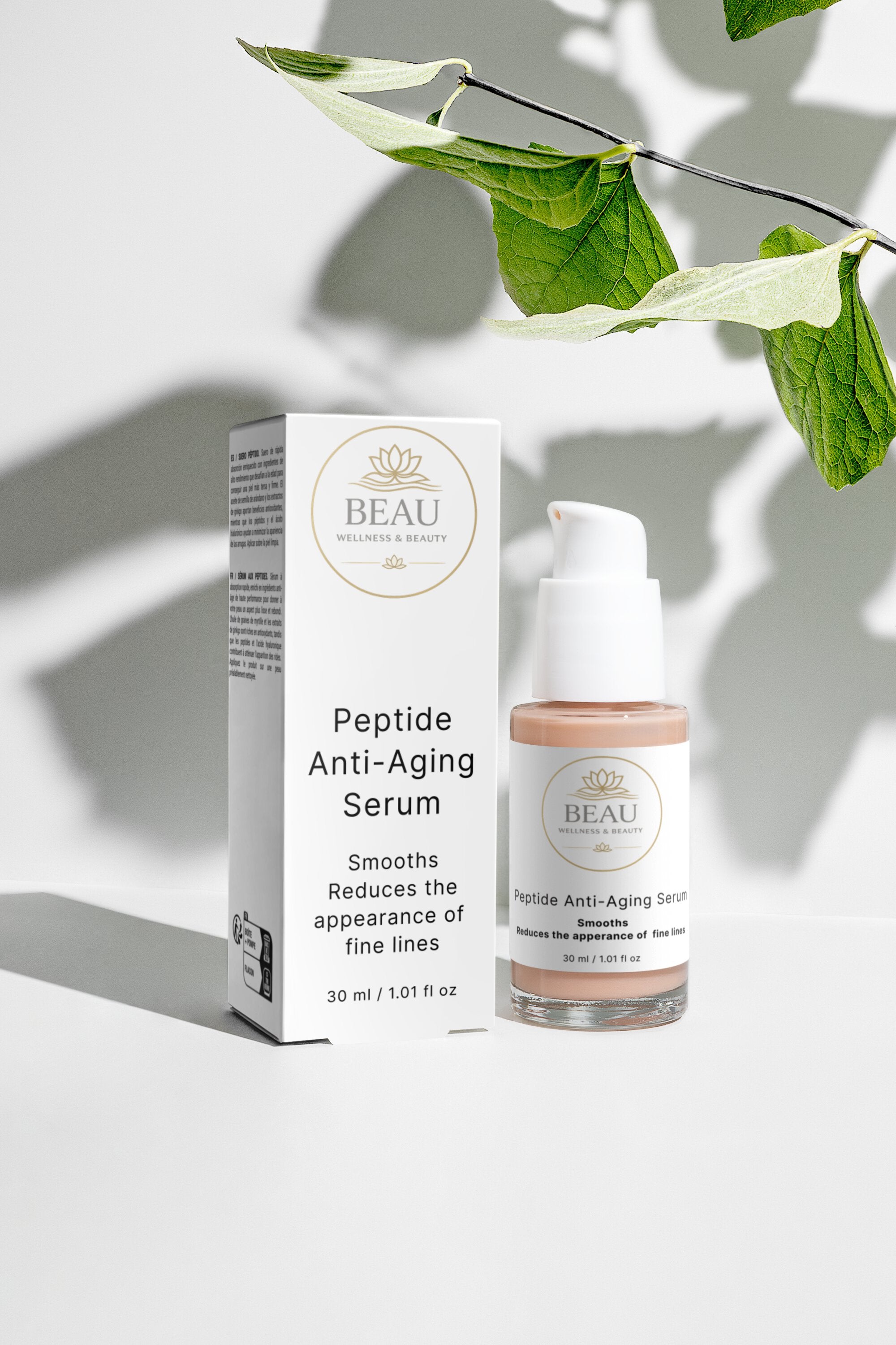 Beau Wellness & Beauty Peptide Anti-Aging Serum dropper bottle and box – Firming face serum with Peptides and Hyaluronic Acid.
