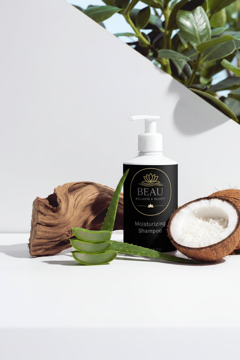 Beau Wellness & Beauty Moisturizing Shampoo with Aloe and Coconut with wood on white background with leaves in the air.