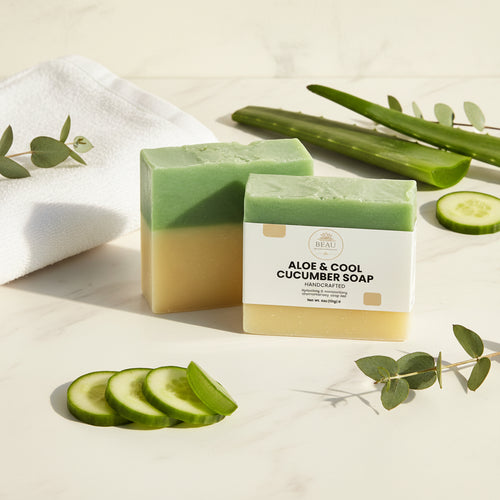 Two bars of handcrafted Aloe & Cool cucumber soap, one green and one beige, with a Beau Wellness & Beauty label on a light gray background.