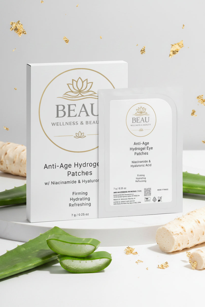 BEAU Wellness & Beauty Anti-Age Hydro Eye Patches shown with their white and gold outer packaging box and an individual patch packet on a light gray background with gold flacks, Konjac Root and Aloe vera.
