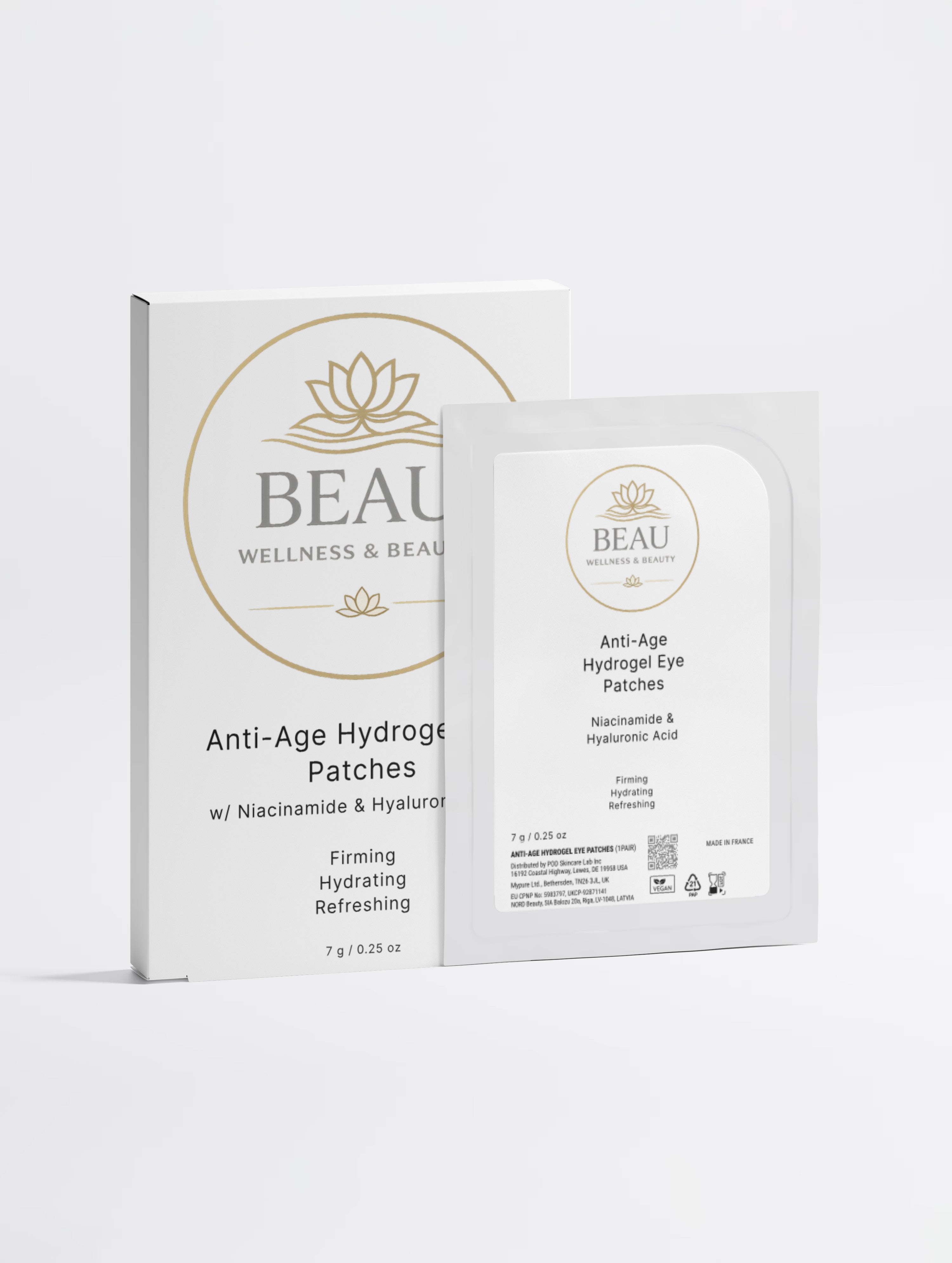 BEAU Wellness & Beauty Anti-Age Hydro Eye Patches shown with their white and gold outer packaging box and an individual patch packet on a light gray background.