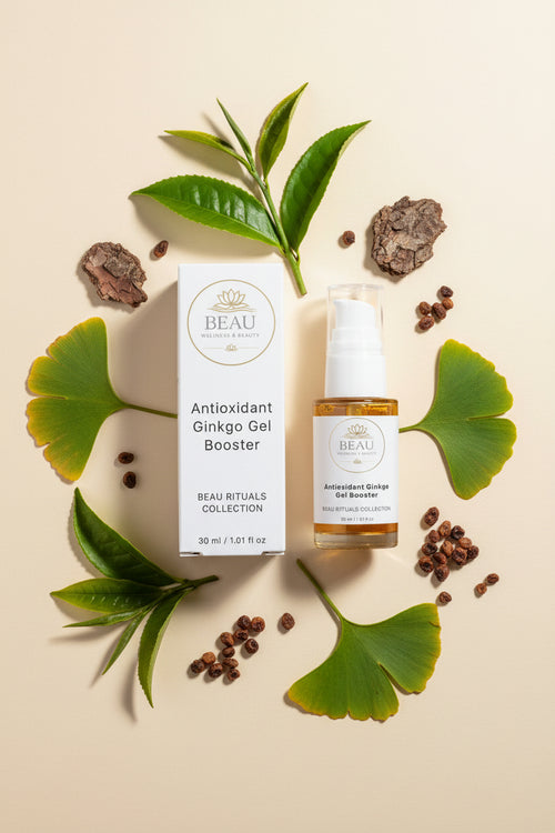 Antioxidant Ginkgo Gel Booster packaging and bottle with ginkgo leaves, oak bark, green tea leaves and grape seeds in the background 