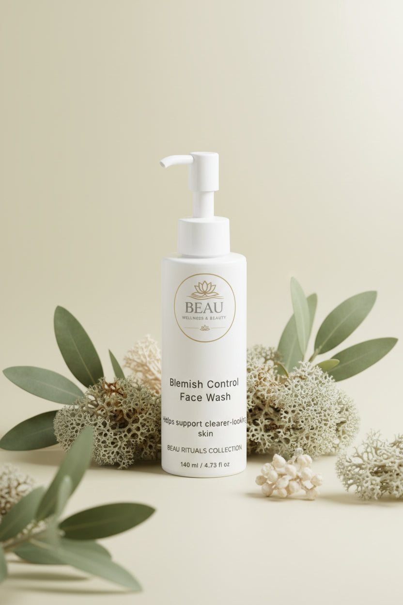 BEAU Wellness & Beauty Blemish Control Face Wash bottle with Iceland moss and juniper callus in the background