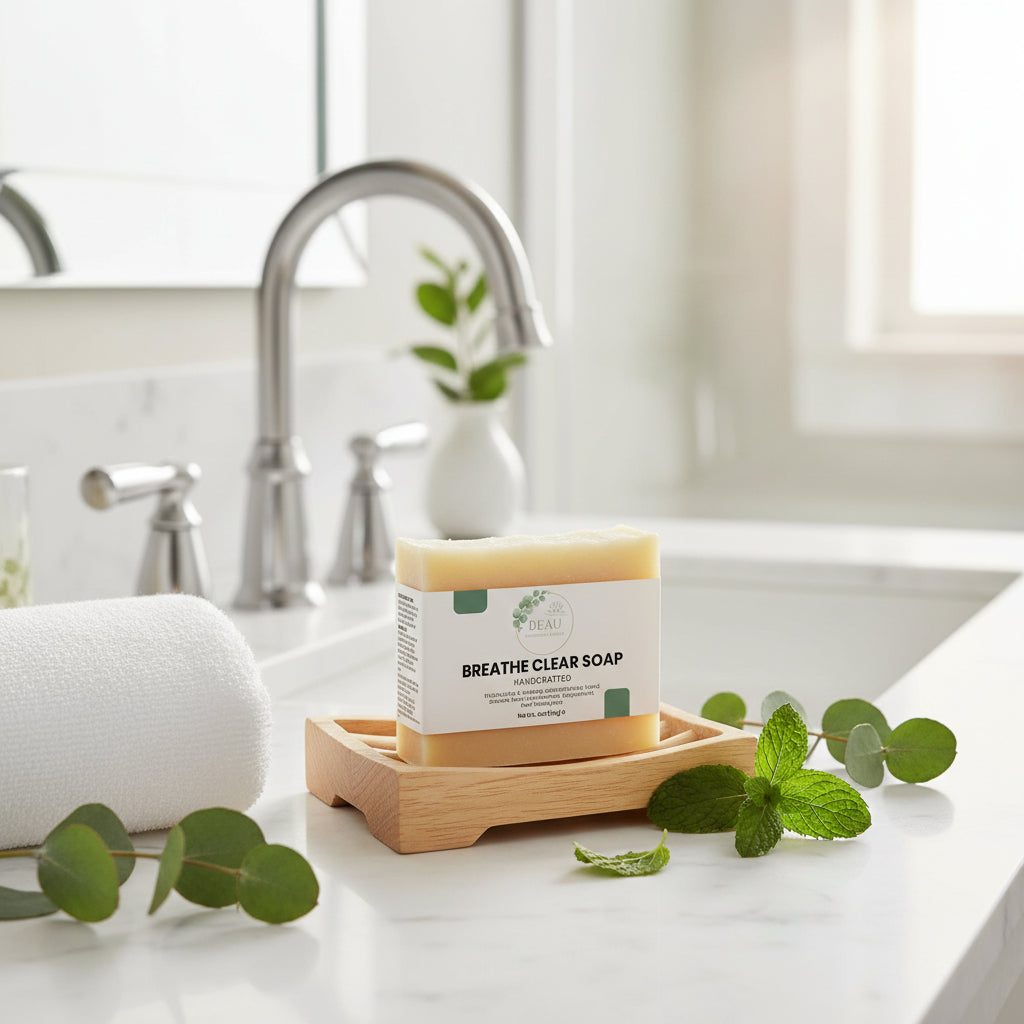 Beau Breathe Clear soap handcrafted bar with peppermint and eucalyptus blend with packaging on a white background