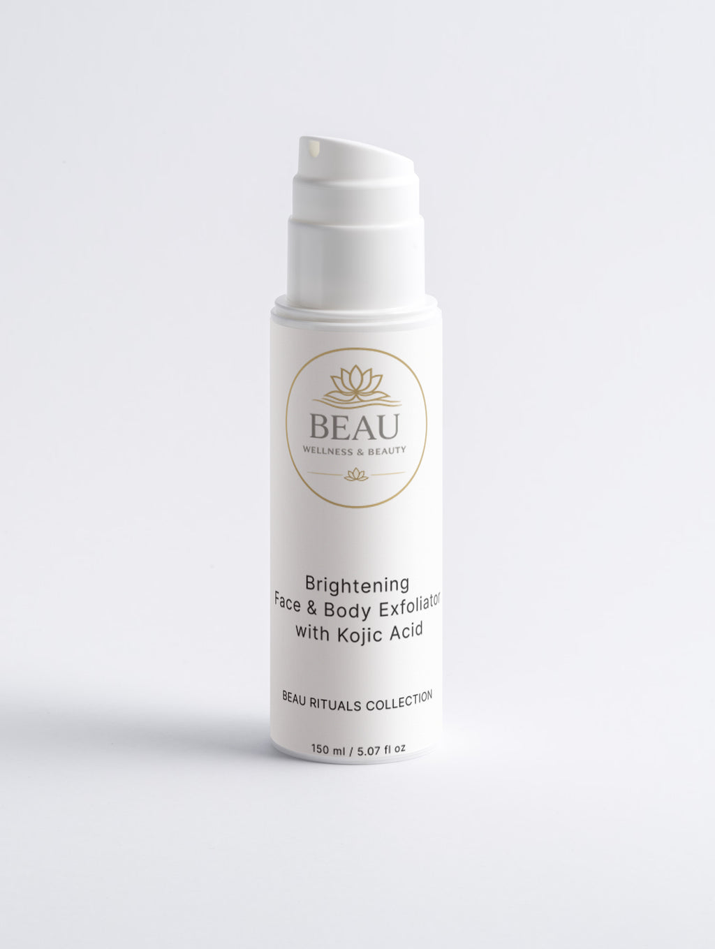 Beau Wellness & Beauty Brightening Face & Body Exfoliator with kojic acid on a white  background. 
