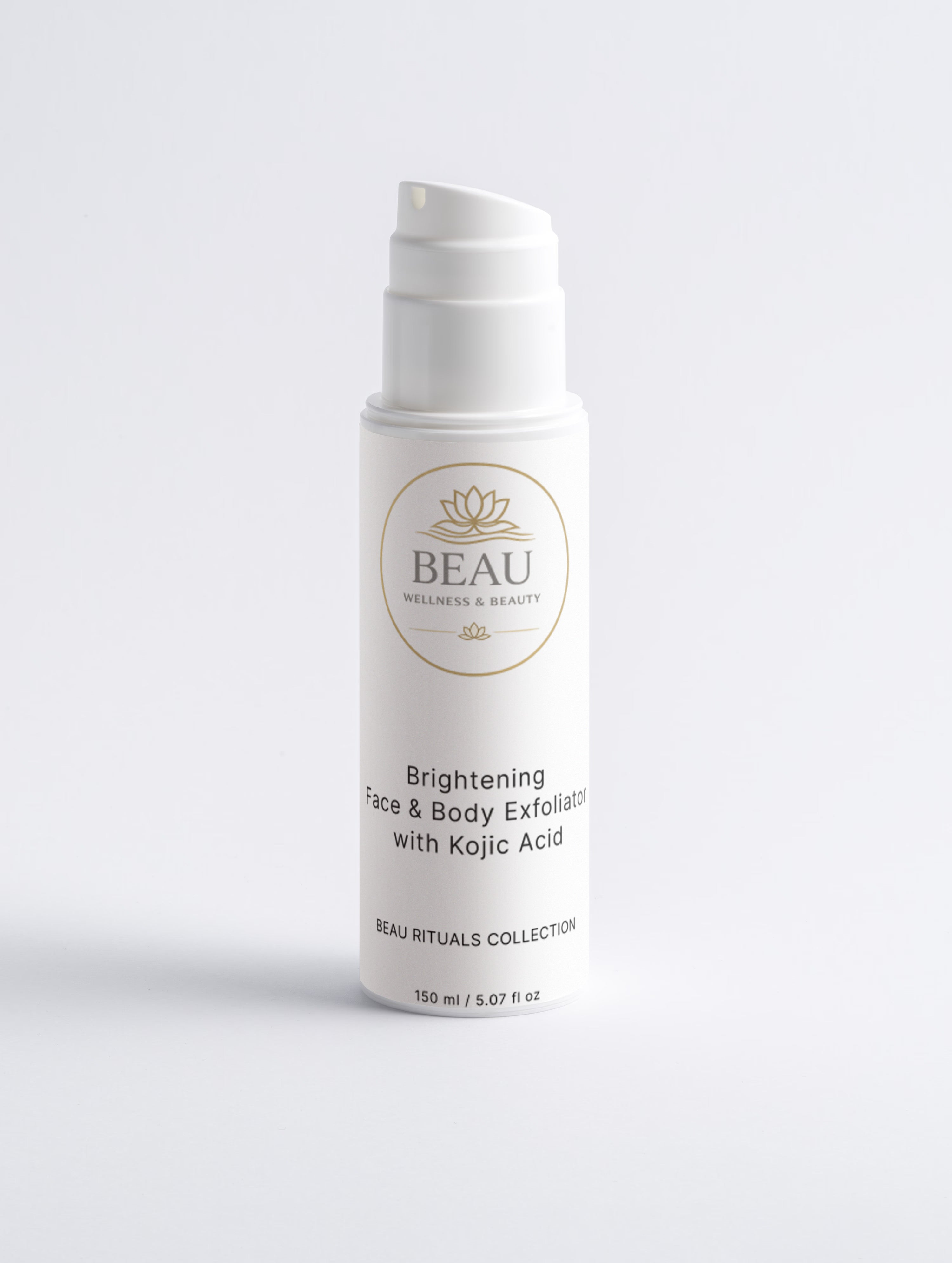 Beau Wellness & Beauty Brightening Face & Body Exfoliator with kojic acid on a white  background. 