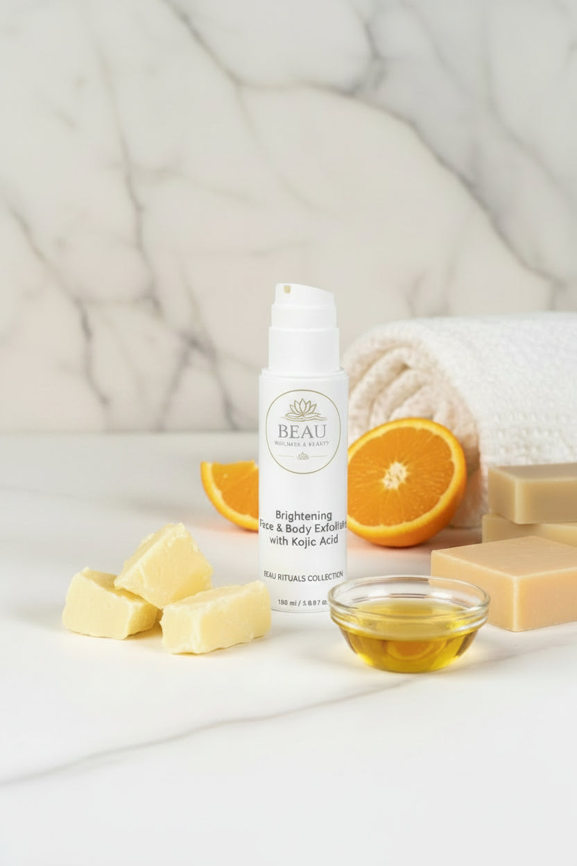 Beau Wellness & Beauty Brightening Face & Body Exfoliator with kojic acid on a marble background with orange slices, jojoba oil, and shea butter.