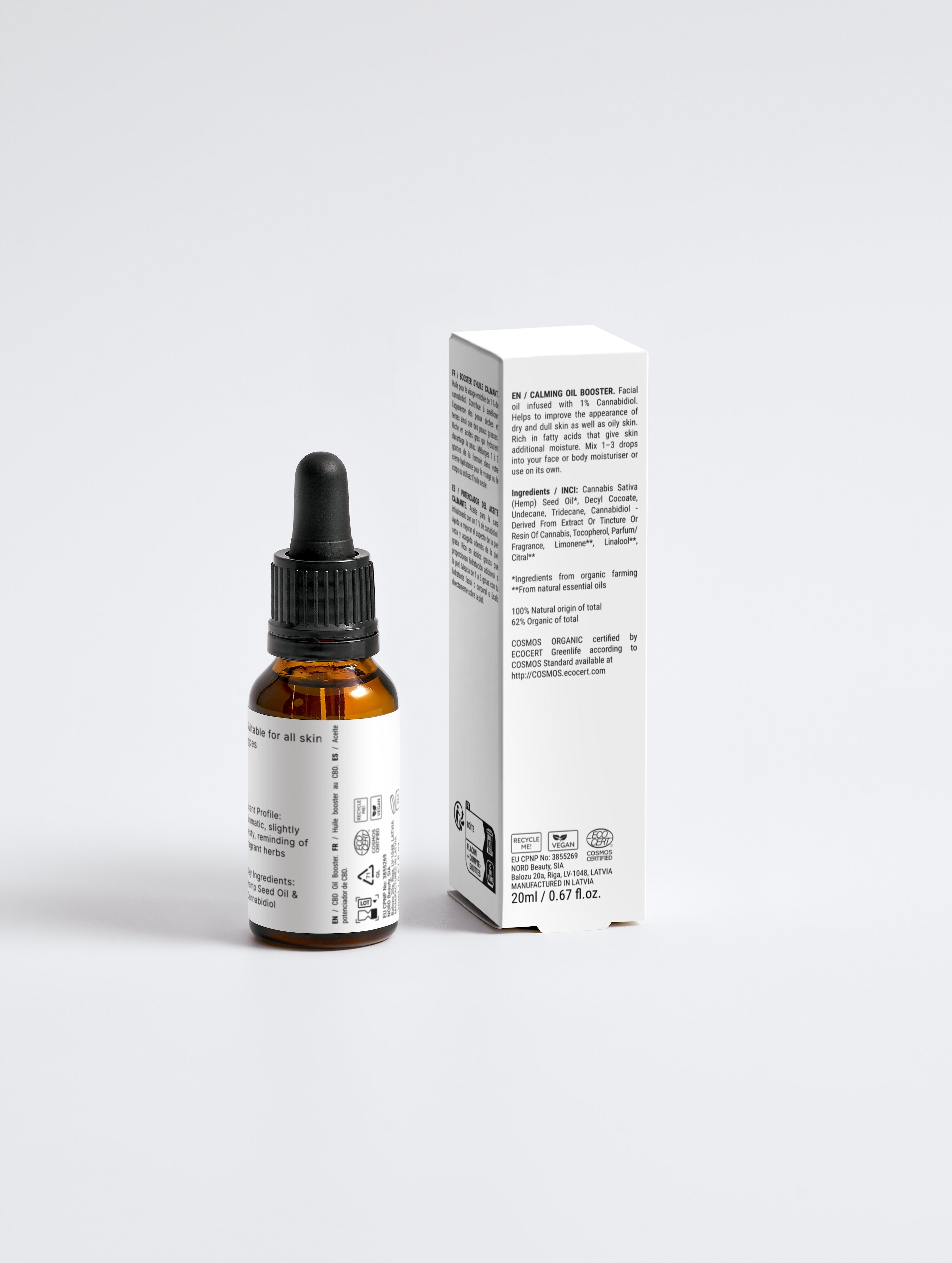 Bottle and box of Beau Wellness & Beauty Calming Facial Oil – CBD and Hemp Seed oil for stressed skin.
