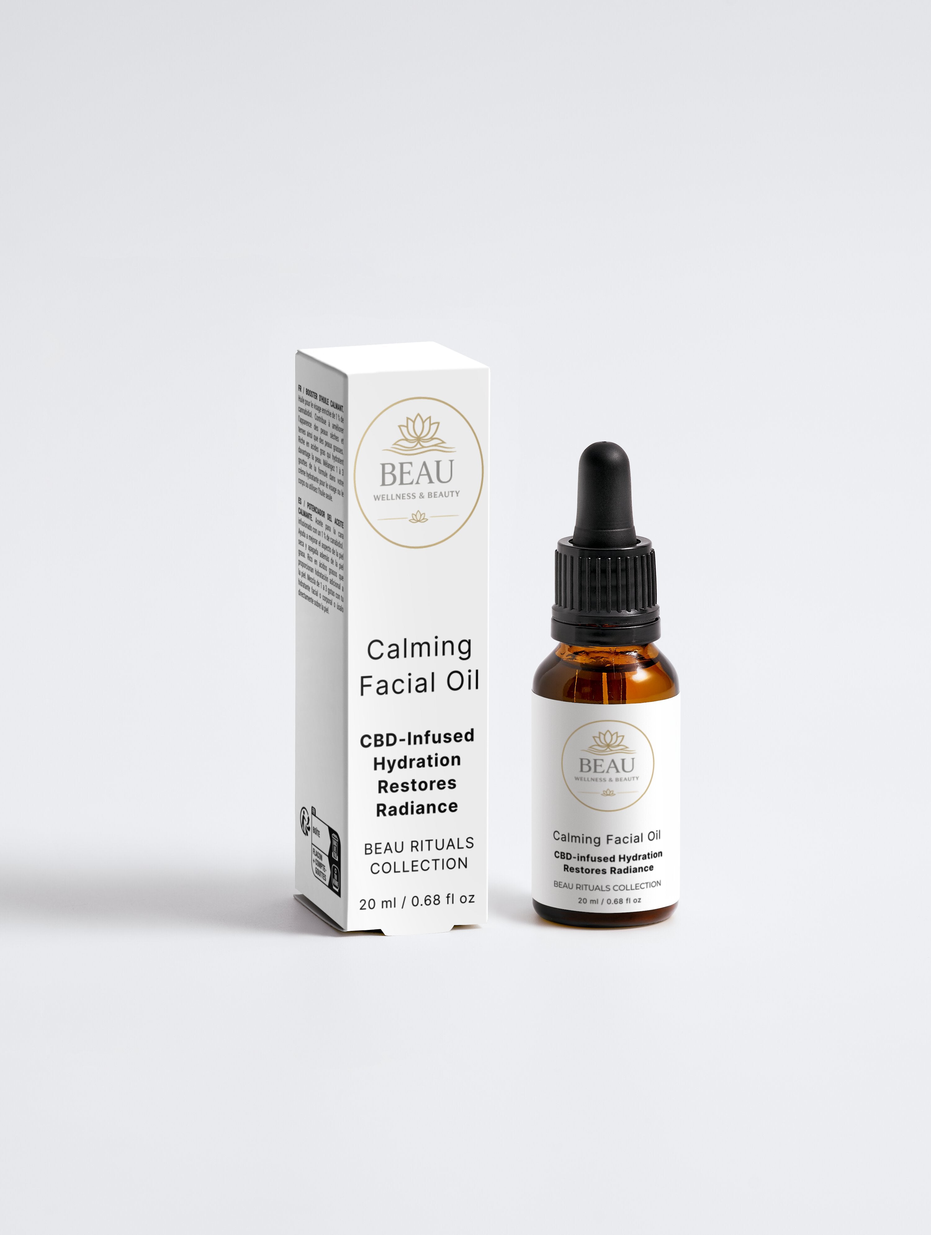 Beau Wellness & Beauty Calming Facial Oil – CBD and Hemp Seed oil for stressed skin with box.