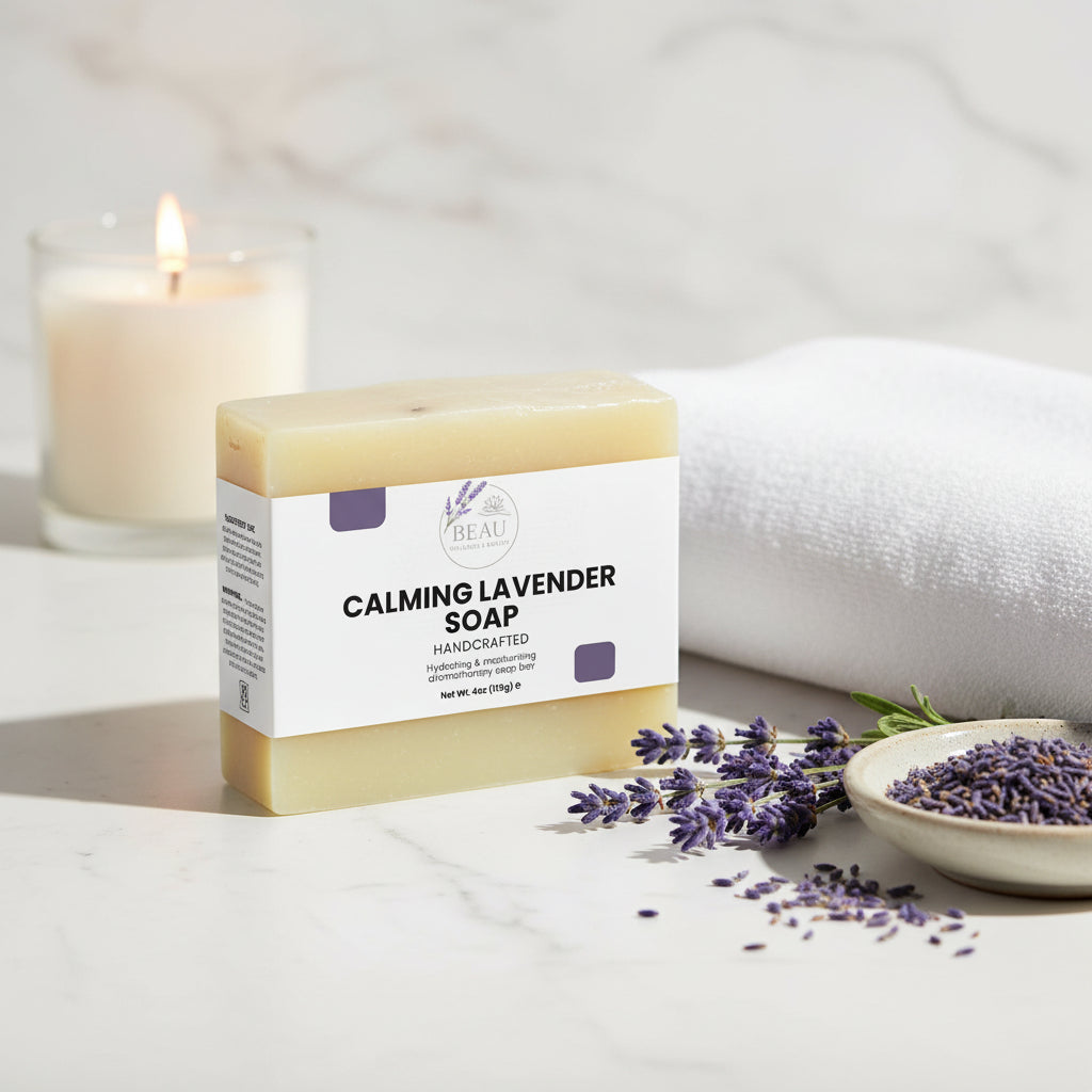 Bar of Beau Wellness & Beauty Calming Lavender Handcrafted soap with a white label on a light gray background