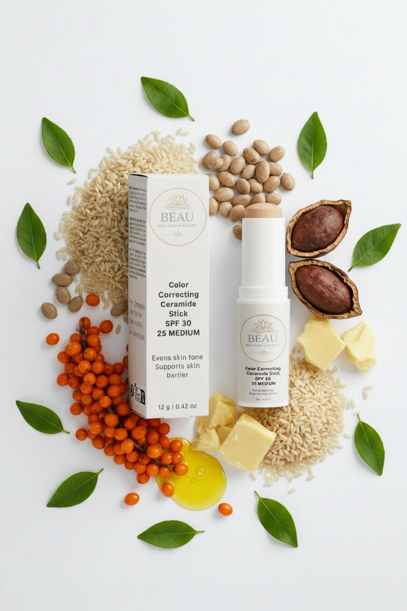 Beau Wellness & beauty CC Ceramide Stick with SPF 30 , shade medium 25 with box, sea buckthorn fruit, cocoa seed butter, jojoba seed oil, and rice bran with leaves on white background.