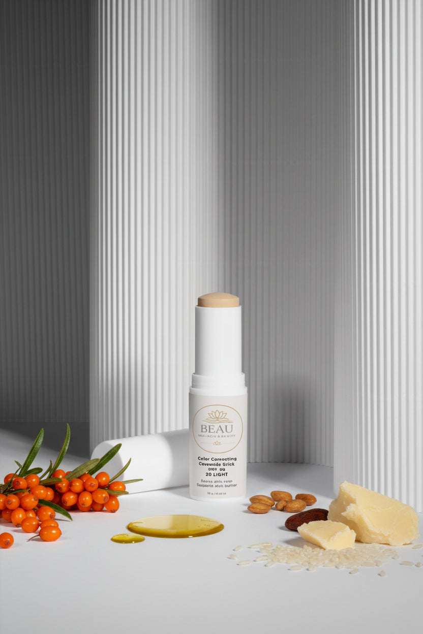 Beau Wellness & beauty CC Ceramide Stick with SPF 30 , shade light 20 with sea buckthorn fruit, jojoba seed oil, rice bran, and cocoa seed oil, on a shadowed lined white background.