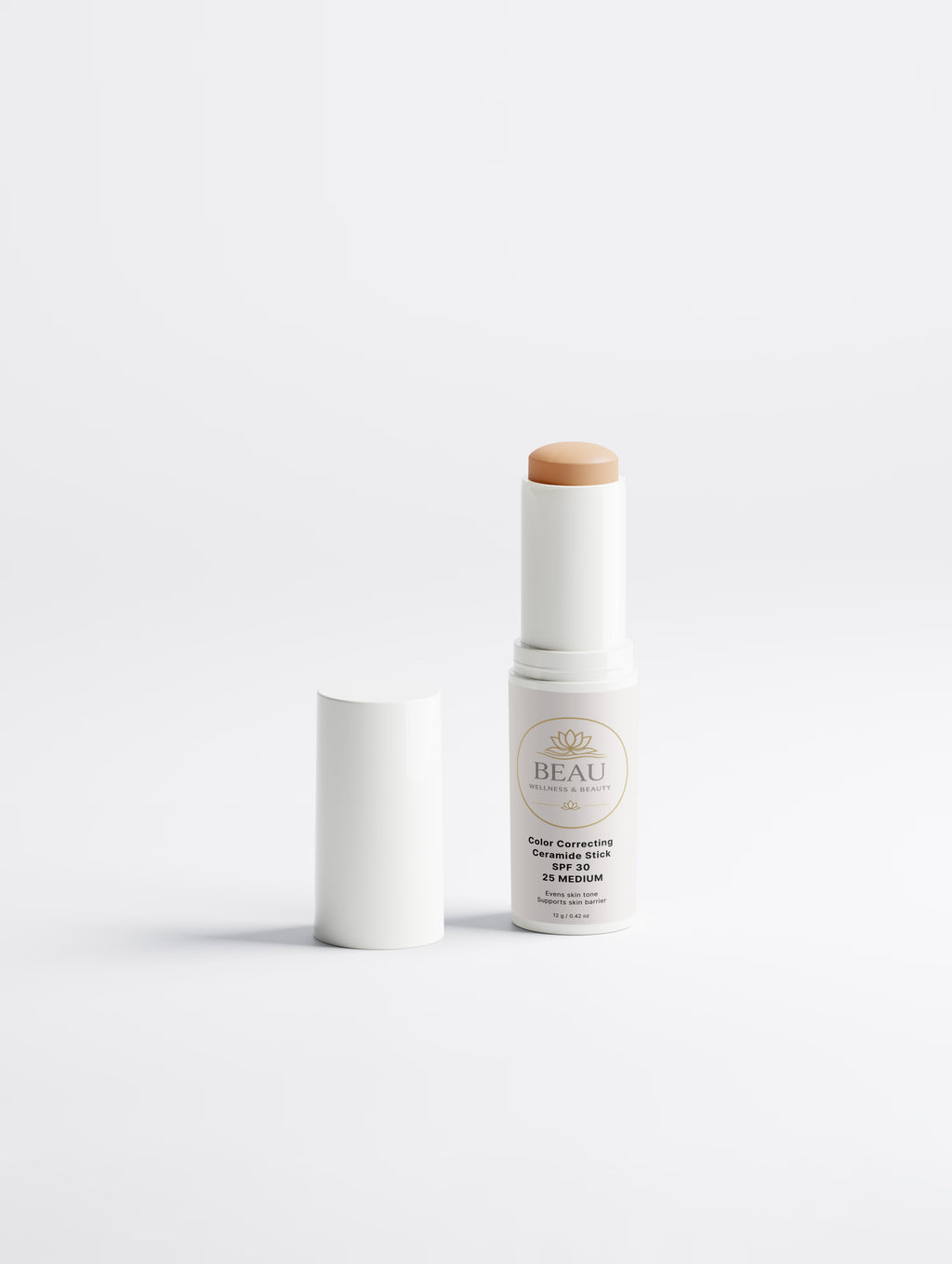 Beau Wellness & beauty CC Ceramide Stick with SPF 30 , shade medium 25 on white background.