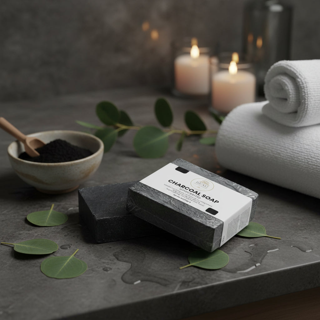 Two bars of handcrafted charcoal soap with a Beau Wellness & Beauty packaging label on a light gray background
