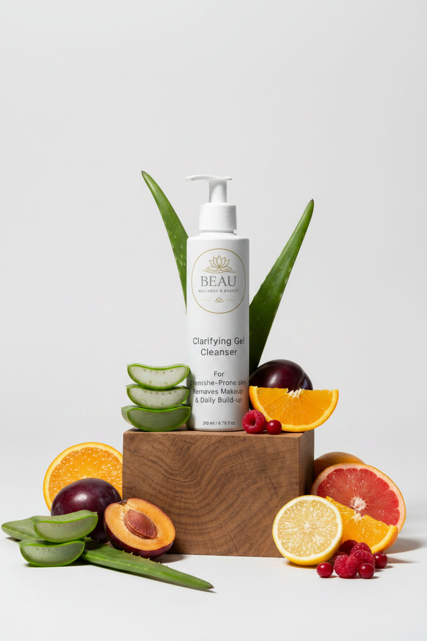 Beau Wellness & Beauty Clarifying Gel Cleanser displayed with aloe vera and citrus fruits on a wooden pedestal.”