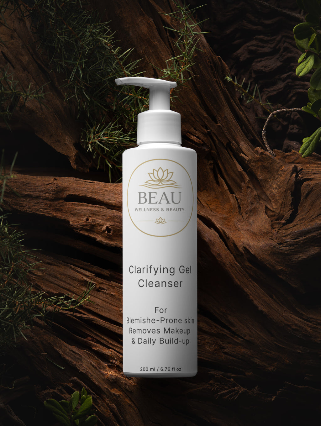 Beau Wellness & Beauty Clarifying Gel Cleanser for oily and blemish prone skin bottle on a wooden background