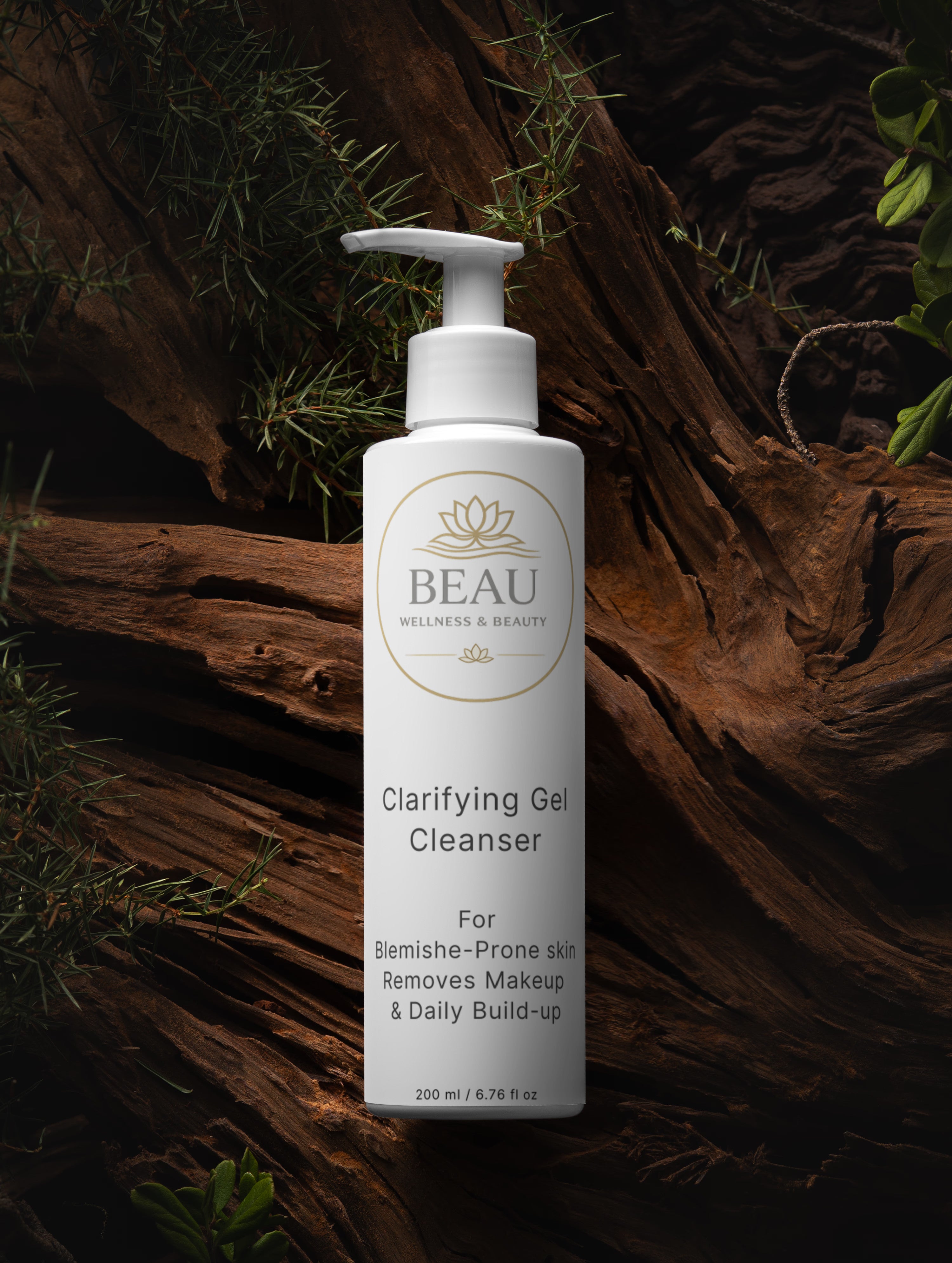 Beau Wellness & Beauty Clarifying Gel Cleanser for oily and blemish prone skin bottle on a wooden background