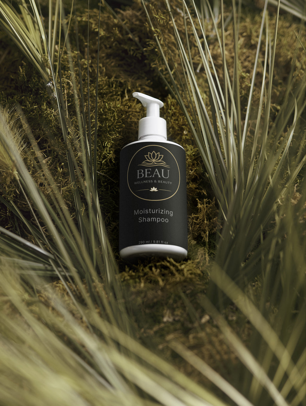 Beau Wellness & Beauty Moisturizing Shampoo with Aloe and Coconut on grassy background.