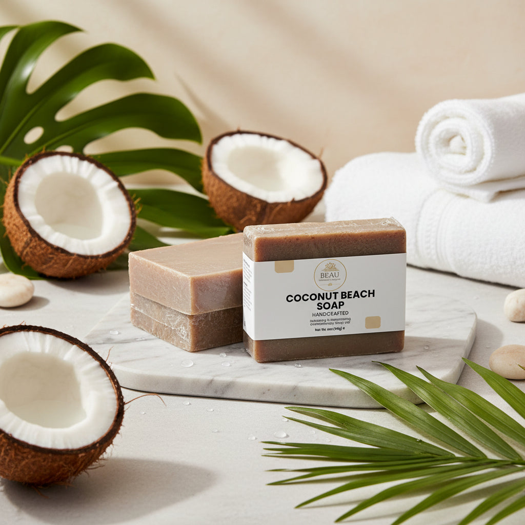 Beau Wellness & Beauty Coconut Beach Soap handcrafted hydrating  bar with a label on a light gray background