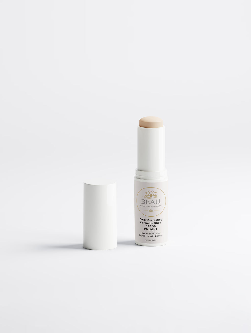 Beau Wellness & beauty CC Ceramide Stick with SPF 30 , shade light 20 on white background.